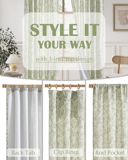 Vangao Lined Linen Curtains for Bedroom Floral Curtains 96 Inches Long Green - Image 6
