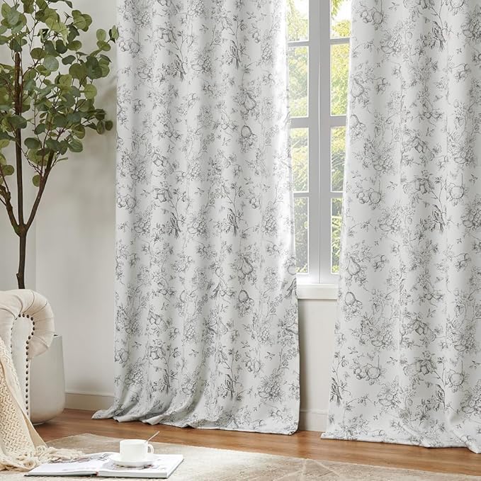 jinchan 95% Blackout Floral Curtains 96 Inches Long, Printed Flower Grey - Image 5