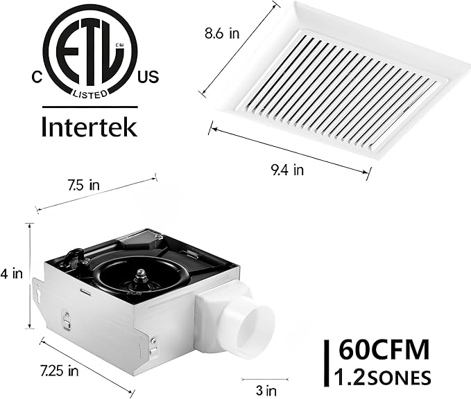 Bathroom Exhaust Fan 60 CFM 1.2 Sone, 3 Inch Duct, Quiet Energy Saving - Image 4