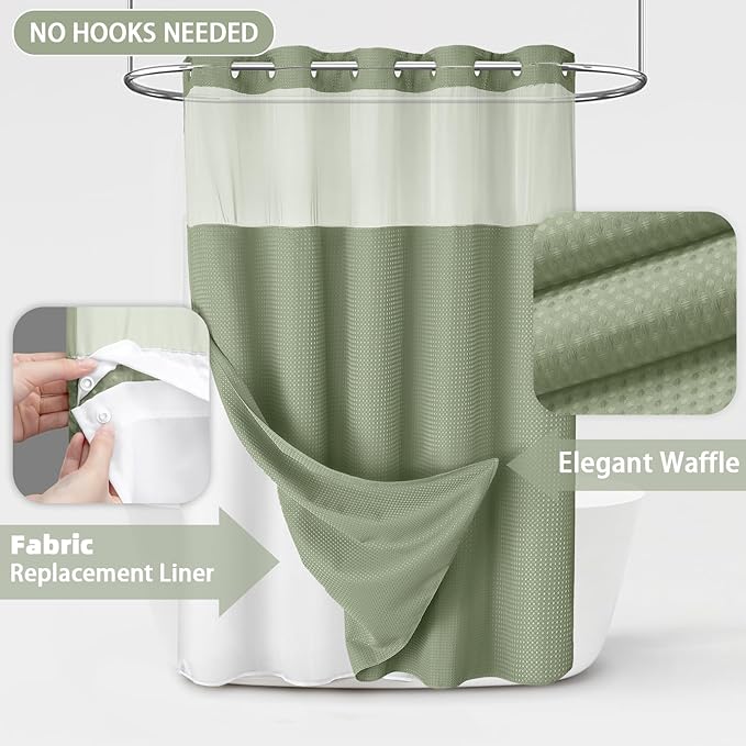 No Hook Shower Curtain and Liner Set, Sage Green Hotel Waffle Shower Curtain - Image 3
