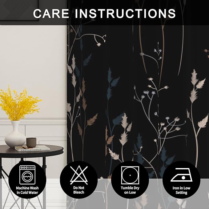 Black Leaves Blackout Curtains 63 Inch Length, Room Darkening Curtains - Image 5
