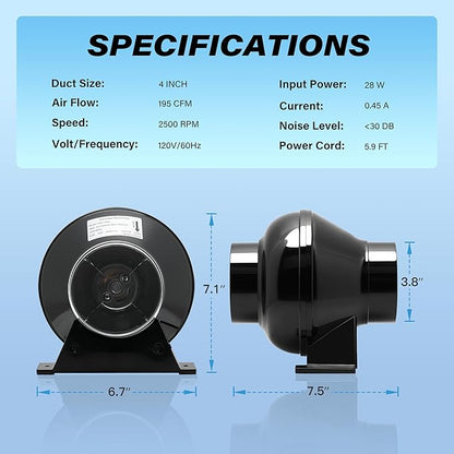 HealSmart 4 Inch 195 CFM Exhaust Inline Duct Fan Quiet Vent Booster Blower - Image 6