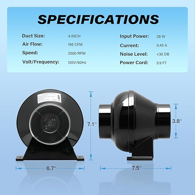 HealSmart 4 Inch 195 CFM Exhaust Inline Vent Booster Blower and 8 Feet - Image 6