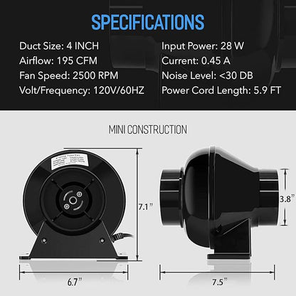 iPower 4 Inch 195 CFM Inline Fan Circulation Vent Blower, Air Carbon Filter and - Image 2