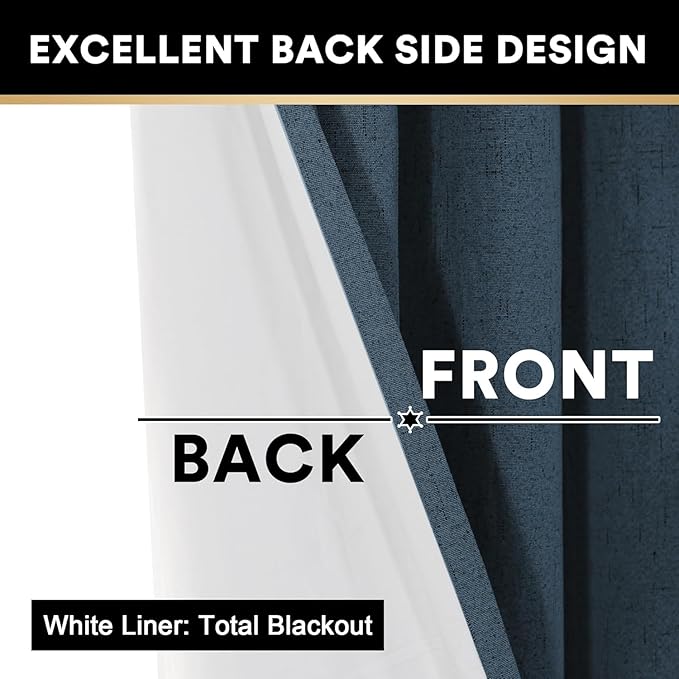 PrinceDeco Navy Blue 100% Blackout Linen Curtains 90 Inch Long, Thick Faux - Image 5