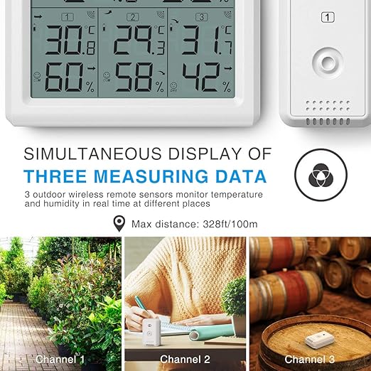 AMIR Indoor Outdoor Thermometer, 3 Channels Digital Hygrometer Thermometer - Image 5