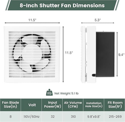 8" Shutter Exhaust Fan, 310CFM Window or Wall Mount Ventilation Fan - Image 2