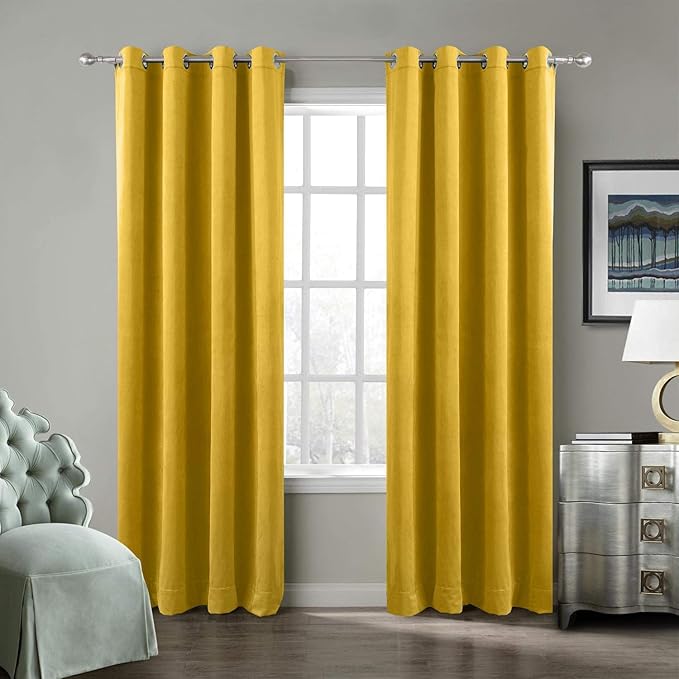 ChadMade Blackout Lined Premium Velvet Curtain Yellow 100Wx120L Inch, Eyelet by ChadMade