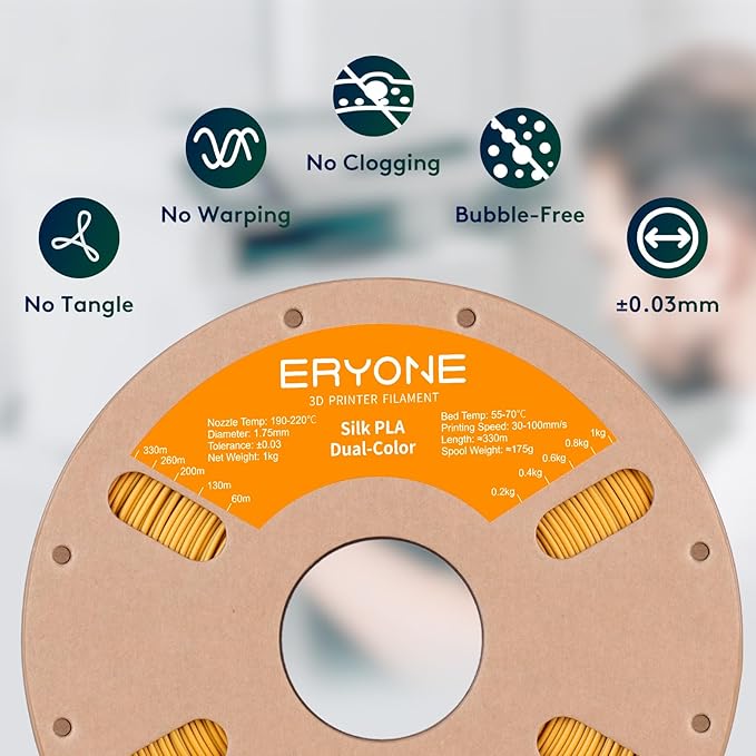 ERYONE Silk Dual Color PLA Filament 3D Printer 1.75mm +/- 0.03mm, Bicolor - Image 4