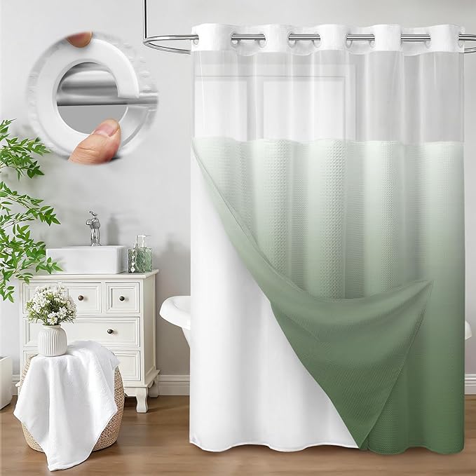 No Hook Shower Curtain and Liner Set, Ombre Green Hotel Waffle Shower Curtain by Unknown