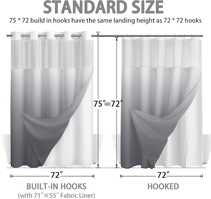 No Hook Shower Curtain and Liner Set, Ombre Grey Hotel Waffle Shower Curtain - Image 6