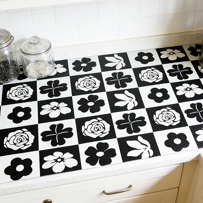 Shelf Liners Non Adhesive Black & White Checkerboard Floral - Image 5