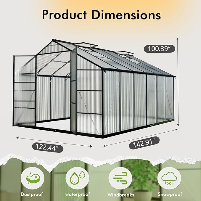 10X12FT Greenhouse with Electronic Thermometers, Large Walk-in Greenhouse - Image 8