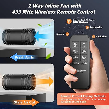 4 Inch Inline Fan with Remote, 2Way 6 Speed Inline Duct Fans High-Efficiency - Image 2