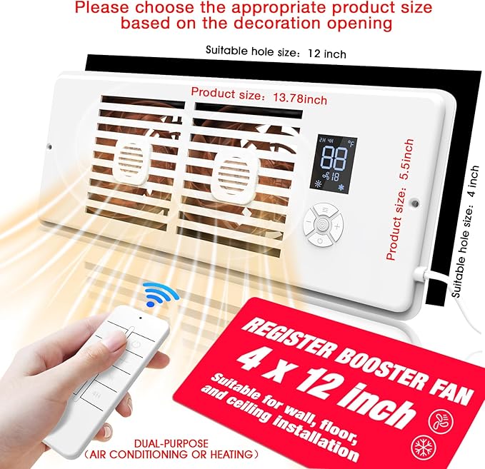 Register Booster Fan Fits 4" x 12" Register Holes, 10-Speed Smart Thermostat AC - Image 2