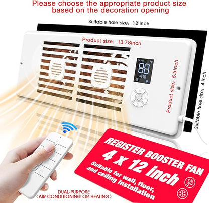 Register Booster Fan Fits 4" x 12" Register Holes, 10-Speed Smart Thermostat AC - Image 2