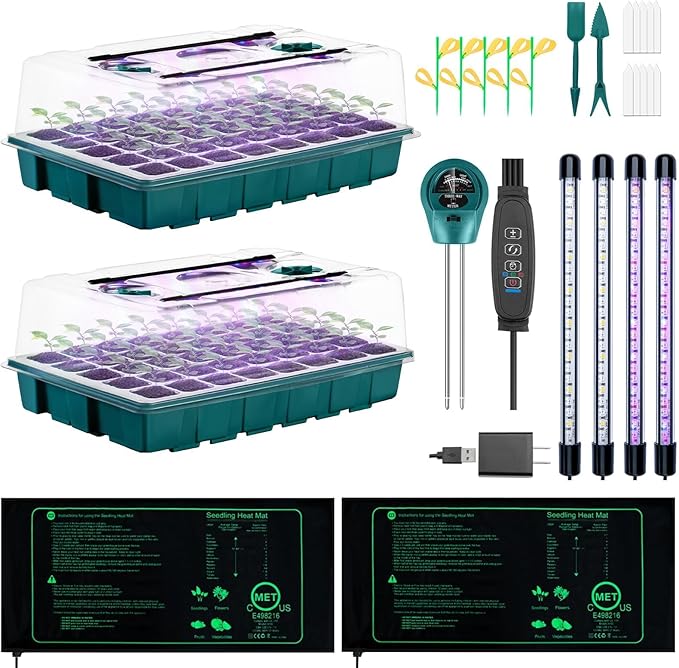 Seed Starter Tray with Grow Lights and Heat Mat, 3-in-1 Soil Meter, 80-Cell by HUGBOW