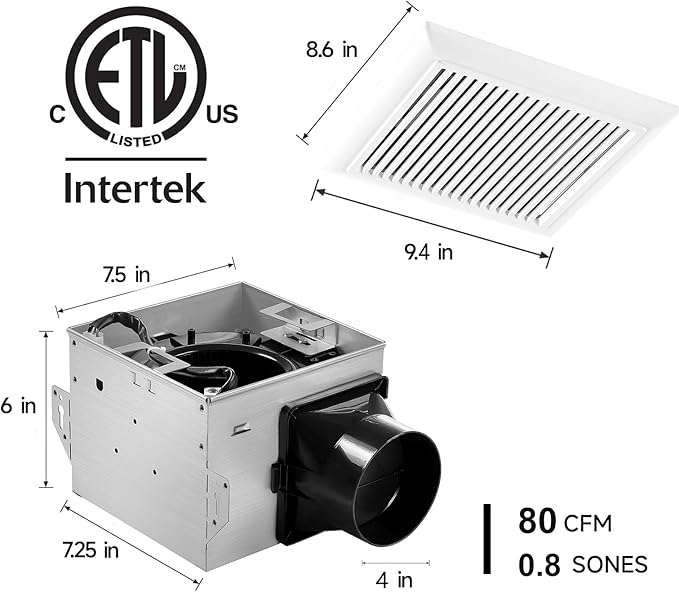 Bathroom Exhaust Fan 80 CFM 0.8 Sone, 4 Inch Duct, Quiet Energy Saving - Image 5