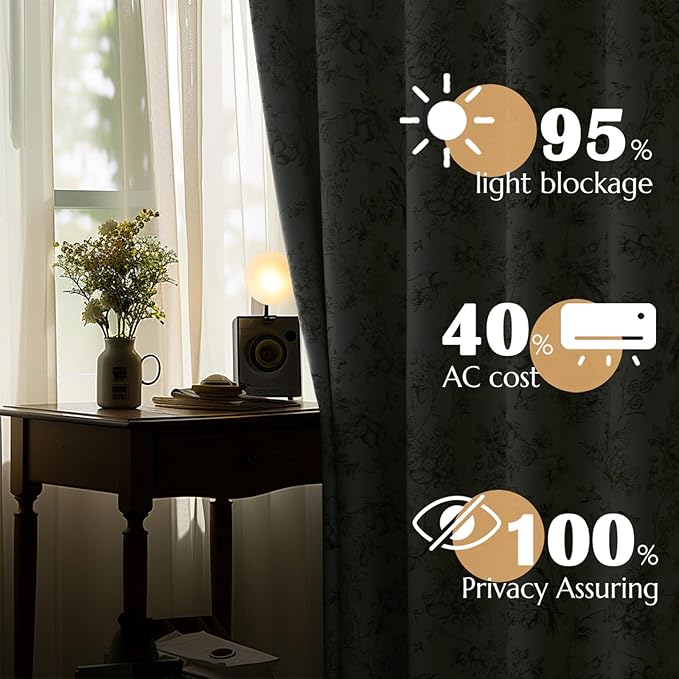 jinchan 95% Blackout Floral Curtains 90 Inch Length, Printed Flower Taupe - Image 2