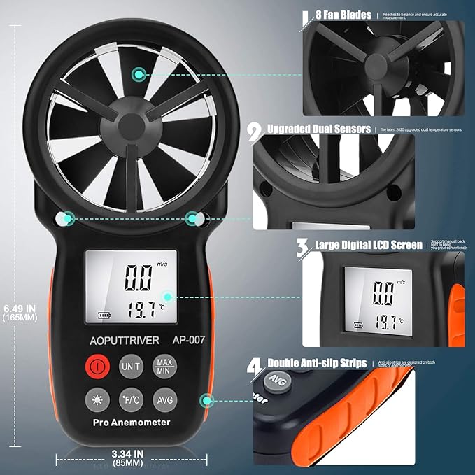 Anemometer Handheld AP-007, CFM Flow Meter Wind Speed Gauge 14℉-113℉ Wind - Image 3