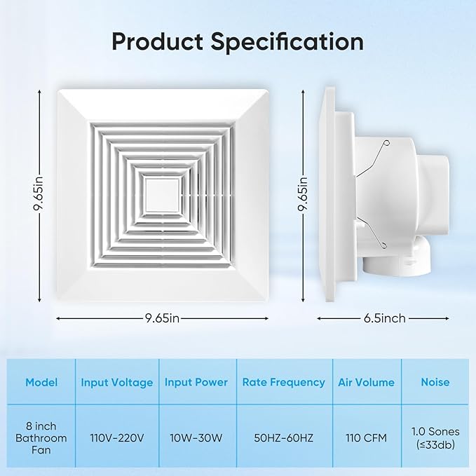 8 Inch Bathroom Exhaust Fan, Square 110 CFM 1.0 Sones Ultra Quiet Bathroom Vent - Image 2