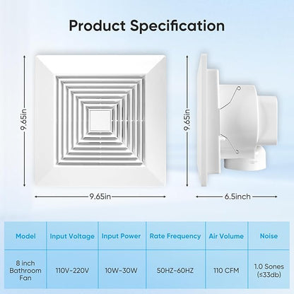 8 Inch Bathroom Exhaust Fan, Square 110 CFM 1.0 Sones Ultra Quiet Bathroom Vent - Image 2