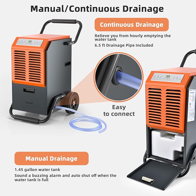 COSTWAY 163 Pints Commercial Dehumidifier, 4500 Sq.Ft Crawl Space Dehumidifier - Image 5