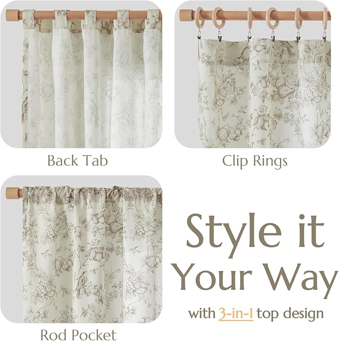 jinchan Linen Floral Curtains for Living Room 63 Inch Length Taupe Printed - Image 4