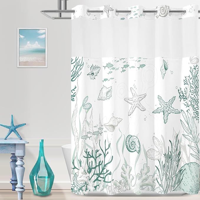 No Hook Shower Curtain with Snap in Liner, Beach Ocean Nautical Coastal Shower by TWLSNCD