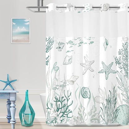 No Hook Shower Curtain with Snap in Liner, Beach Ocean Nautical Coastal Shower by TWLSNCD
