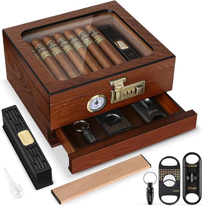 Cigar Humidor, Cedar Wood Humidor Cigar Box, Glass Top Desktop Humidor by Tesonway