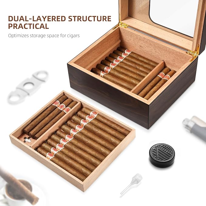 Cigar Humidor, Modern Glass Top Cedar Humidor Cigar Box - Image 2