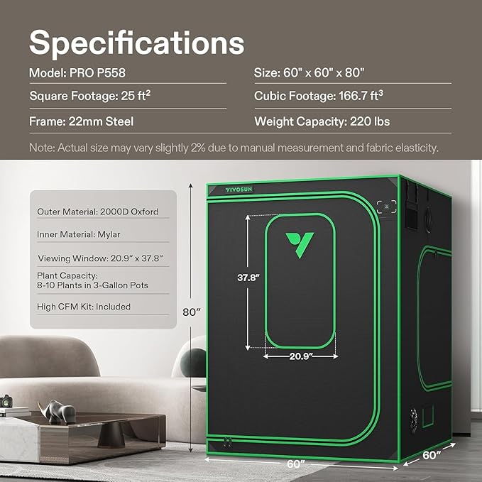 VIVOSUN P558 60"×60"×80" PRO Grow Tent, - Image 9
