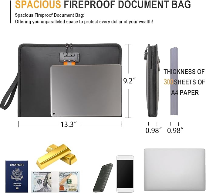 Fireproof Document Bag with Lock，13"×9.2" Fireproof Money Bag，with Zipper and - Image 3