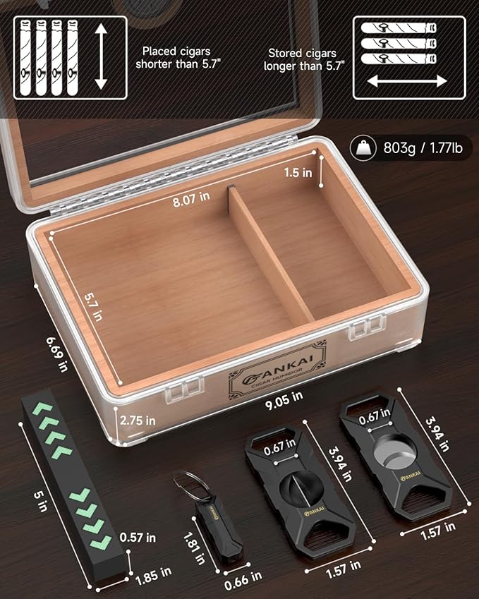 Humidor Cigar Box, with Straight Cutter Guillotine, V cut, Puncher & Holder Tool - Image 2