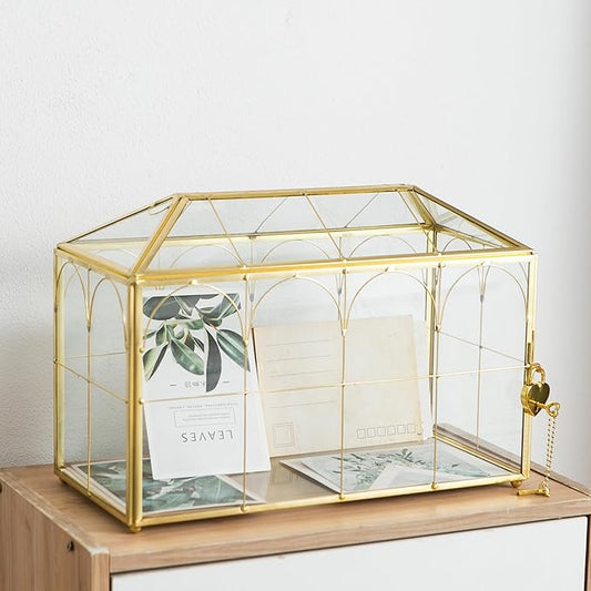 Glass Wedding Card Box with Slot, 12.5'' Large Clear Card Box Gold Brass Gift by Unknown