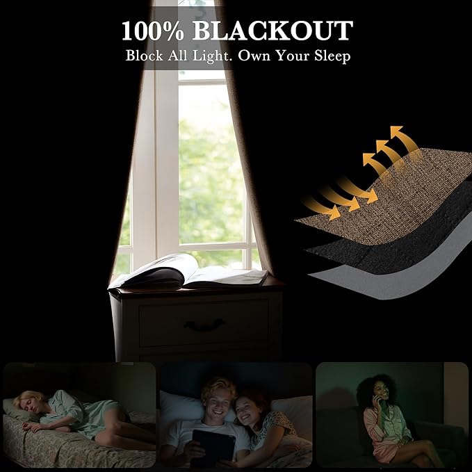 RYB HOME Coffee 100% Blackout Short Curtains 52 Width 45 inch Length, Light - Image 3