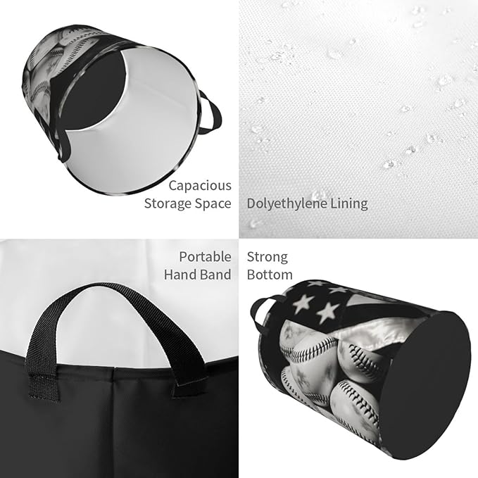 Vintage Baseballs Retro Flag Display Design Round Laundry Hamper Bag - Image 4