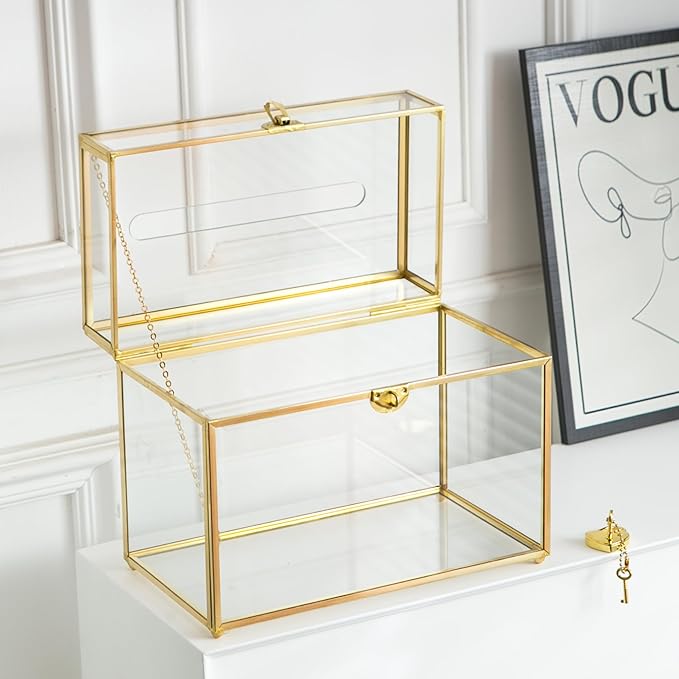 Glass Wedding Card Box with Slot, 10.2 inch Clear Card Box Gold Brass Gift Card - Image 7