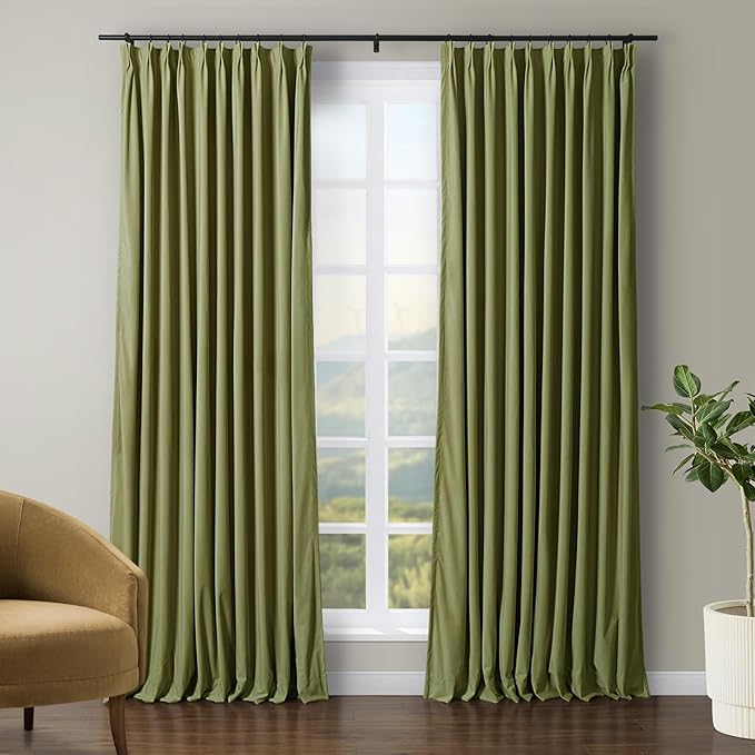 TWOPAGES Luxury Velvet Curtain Pinch Pleated Grass Green Curtain 108 inch Long by TWOPAGES