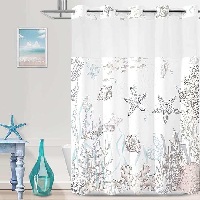 No Hook Shower Curtain with Snap in Liner, Beach Ocean Nautical Coastal Shower by TWLSNCD