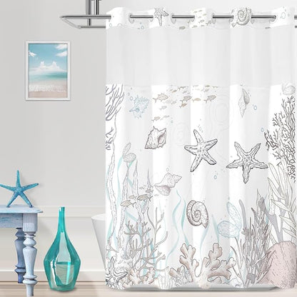 No Hook Shower Curtain with Snap in Liner, Beach Ocean Nautical Coastal Shower by TWLSNCD
