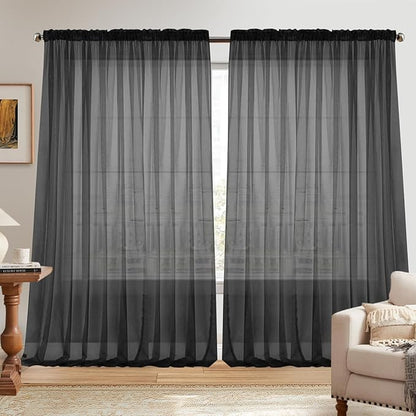 Dreaming Casa Solid Sheer Curtains 102 Inches Long Black Rod Pocket Voile by DreamingCasa