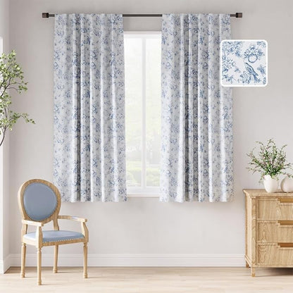 jinchan 95% Blackout Floral Curtains 63 Inch Length, Printed Flower Blue by JINCHAN