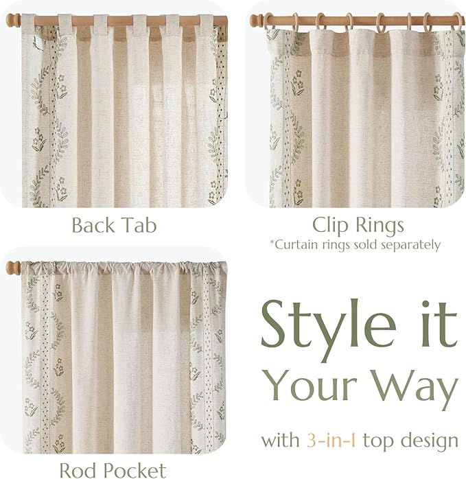 jinchan Belrose Linen Curtains for Bedroom Floral Curtains 63 Inch Length Linen - Image 6
