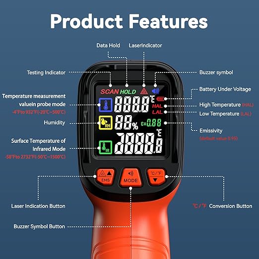 -58°F to 2732°F Infrared Thermometer Temperature Gun, 50:1 Laser Thermometer Gun - Image 5