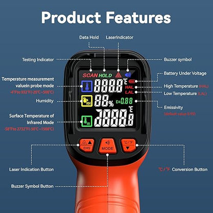 -58°F to 2732°F Infrared Thermometer Temperature Gun, 50:1 Laser Thermometer Gun - Image 5