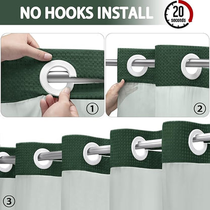 No Hook Shower Curtain and Liner Set, Dark Green Hotel Waffle Shower Curtain - Image 2