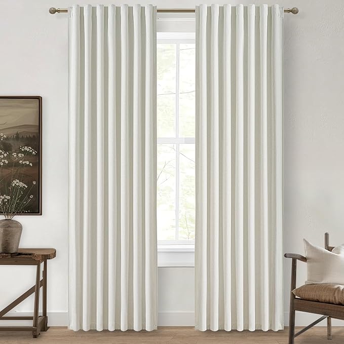 Beige White Linen Curtains 90 Inches Long 2 Panels Set, Modern Neutral Nursery by QJMYDECO