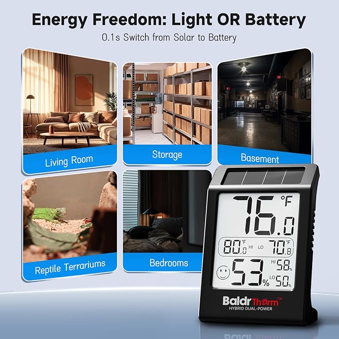 BaldrTherm Room Thermometer Indoor Humidity Meter, Solar-Powered 3.2'' Large - Image 4